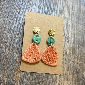 Handcrafted Orange/Coral  Knit-Texture Dangle Clay Pierced Earrings with Teal